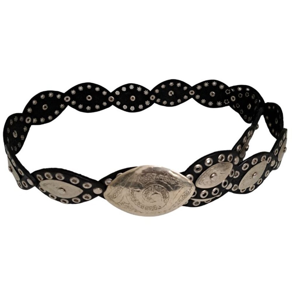 Vintage Moroccan Style Silver Eye Concho Black Leather belt - Picture 3 of 5
